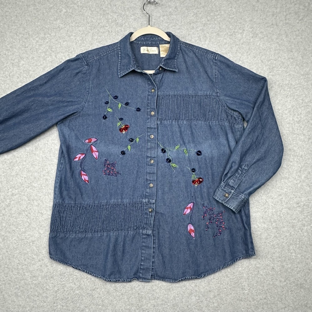 VTG Bobbie Brooks Shirt Womens XL Denim Embroidered Floral Button Up Top Blouse‎